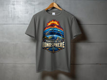 Load image into Gallery viewer, Gray t-shirt with "Powered by the Ionosphere" graphic featuring Earth, sun, and radio waves.
