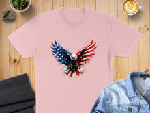 Load image into Gallery viewer, Pink t-shirt with a patriotic eagle graphic of red, white, and blue paint splatters.
