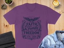 Load image into Gallery viewer, Purple t-shirt with "Faith, Family, and Freedom" text and patriotic imagery.
