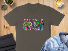 Load image into Gallery viewer, Graphic t-shirt with "One Spooky Nurse" text and Halloween-themed medical icons.
