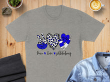 Load image into Gallery viewer, Gray t-shirt with "Peace Love Phlebotomy" text, peace sign, heart, and syringe graphic.
