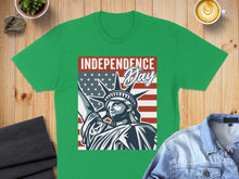 Load image into Gallery viewer, Green t-shirt with Statue of Liberty and American flag design, saying "Independence Day".
