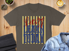 Load image into Gallery viewer, Brown t-shirt with "Let's LEARN TODAY" graphic on yellow and blue striped background.
