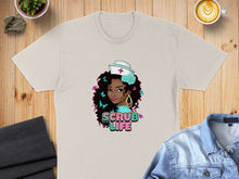 Load image into Gallery viewer, T-shirt featuring a nurse with curly hair, butterflies, and the text "Scrub Life".
