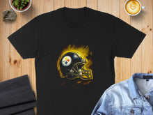 Load image into Gallery viewer, Black T-Shirt with Yellow and White Football Helmet Design
