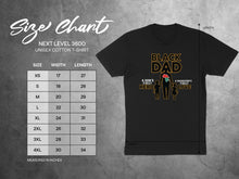 Load image into Gallery viewer, Next Level 3600 t-shirt size chart and "Black Dad Hero" graphic.
