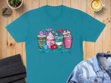 Load image into Gallery viewer, T-shirt graphic with four coffee cups and medical icons, reading "Nurse Practitioner".
