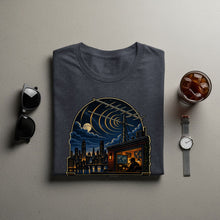Load image into Gallery viewer, T-shirt with nighttime city skyline, radio tower, and person at a console.
