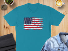 Load image into Gallery viewer, Teal t-shirt with distressed American flag graphic design.
