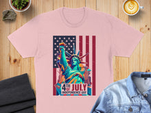 Load image into Gallery viewer, Pink t-shirt with Statue of Liberty and American flag design.
