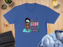 Load image into Gallery viewer, Blue t-shirt with a nurse graphic and text "you RN GOOD HANDS".
