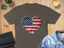 Load image into Gallery viewer, Distressed American flag heart graphic on a dark grey t-shirt.
