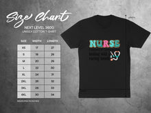Load image into Gallery viewer, Size chart for Next Level 3600 unisex cotton t-shirt with nurse graphic.
