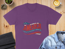 Load image into Gallery viewer, Purple t-shirt with distressed "AMERICA" text featuring American flag design.
