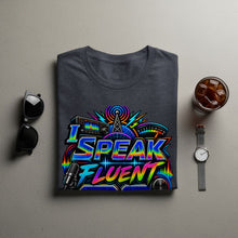 Load image into Gallery viewer, T-shirt with "I SPEAK FLUENT" text, microphone, radio, and meter graphics.
