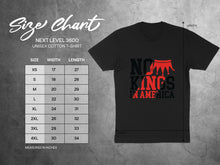 Load image into Gallery viewer, Next Level 3600 unisex t-shirt size chart with measurements in inches.

