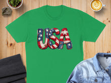 Load image into Gallery viewer, Green t-shirt with "USA" in patriotic patchwork letters.
