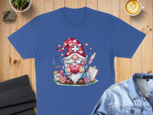 Load image into Gallery viewer, Blue t-shirt featuring a gnome with a stethoscope and heart, labeled "Nurse".
