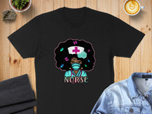 Load image into Gallery viewer, Black t-shirt with graphic of nurse with stethoscope and butterflies.
