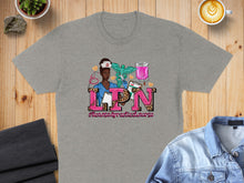 Load image into Gallery viewer, Grey t-shirt with "LPN" in pink leopard print and nurse graphic.
