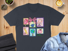 Load image into Gallery viewer, T-shirt with colorful back-to-school icons: backpack, globe, apple, and pencil.
