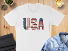 Load image into Gallery viewer, White t-shirt with distressed USA flag lettering design.
