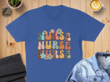 Load image into Gallery viewer, Retro nurse t-shirt with floral and leopard print text.
