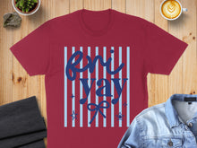 Load image into Gallery viewer, Maroon t-shirt with "Eni Yay!" text and blue stripes.
