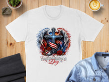 Load image into Gallery viewer, White t-shirt with a patriotic cross graphic featuring wings and "Independence Day".
