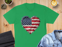 Load image into Gallery viewer, Green t-shirt with distressed American flag heart graphic.
