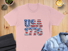 Load image into Gallery viewer, Pink t-shirt with "USA 1776" in patriotic flag design.
