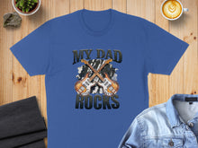 Load image into Gallery viewer, Blue t-shirt with "MY DAD ROCKS" and two guitars.
