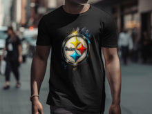 Load image into Gallery viewer, Vibrant Starburst Design Black T-Shirt With Logo
