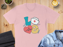 Load image into Gallery viewer, Pink t-shirt with "Love" text design featuring medical symbols like a heartbeat and stethoscope.

