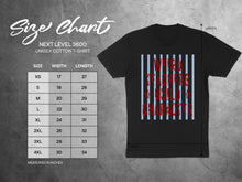 Load image into Gallery viewer, Next Level 3600 unisex cotton t-shirt size chart with width and length in inches.
