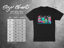 Load image into Gallery viewer, Size chart for NEXT LEVEL 3600 unisex cotton t-shirt, showing sizes XS to 4XL.
