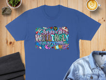 Load image into Gallery viewer, Blue t-shirt with "She Works Willingly With Her Hands" in colorful, bold lettering.
