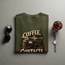 Load image into Gallery viewer, Green t-shirt with "Coffee Contacts" graphic featuring a ham radio, microphone, and coffee cup.

