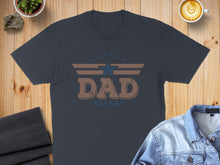 Load image into Gallery viewer, Dark blue t-shirt with brown "Dad" text and star wings graphic.
