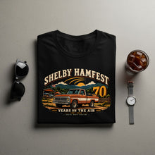 Load image into Gallery viewer, Shelby Hamfest 70 Years On The Air 1957-2026 shirt with vintage truck graphic.
