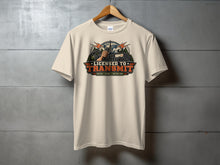 Load image into Gallery viewer, T-shirt with "Licensed to Transmit" graphic featuring a vintage radio and microphone.
