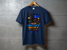 Load image into Gallery viewer, Navy t-shirt graphic with radio equipment, clock, monitor, and text "Night Shift Net Control."
