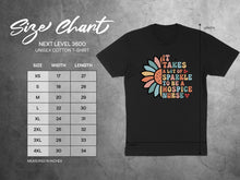 Load image into Gallery viewer, Next Level 3600 unisex t-shirt size chart with "It Takes a Lot of Sparkle to Be a Hospice Nurse" graphic.
