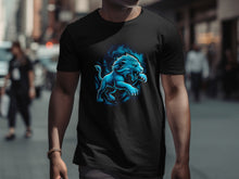 Load image into Gallery viewer, Fierce Blue Lion Graphic Black T-Shirt Product
