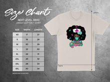 Load image into Gallery viewer, Next Level 3600 unisex t-shirt size chart with measurements for width and length.
