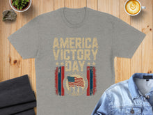 Load image into Gallery viewer, Grey t-shirt with "America Victory Day May 1945" text and American flag graphic.
