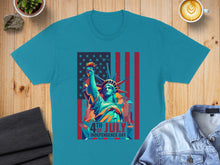 Load image into Gallery viewer, Teal t-shirt featuring Statue of Liberty and "4TH OF JULY INDEPENDENCE DAY" text.
