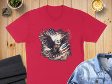 Load image into Gallery viewer, Red t-shirt with distressed American flag and eagle graphic.
