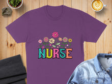 Load image into Gallery viewer, Purple t-shirt with "NURSE" in colorful block letters surrounded by flowers.
