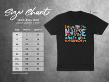 Load image into Gallery viewer, Size chart and t-shirt with "Nurse what's your SUPERPOWER?" graphic.
